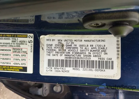 2006 Toyota Corolla Ce z USA, uszkodzony, nr VIN 1NXBR32E86Z631519